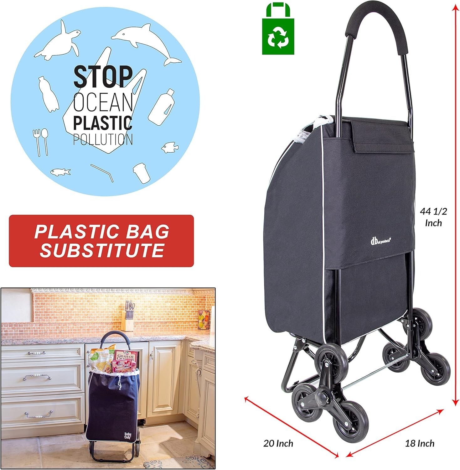 Trolley Dolly Black Foldable Shopping cart for Groceries w/Wheels &Removable Bag