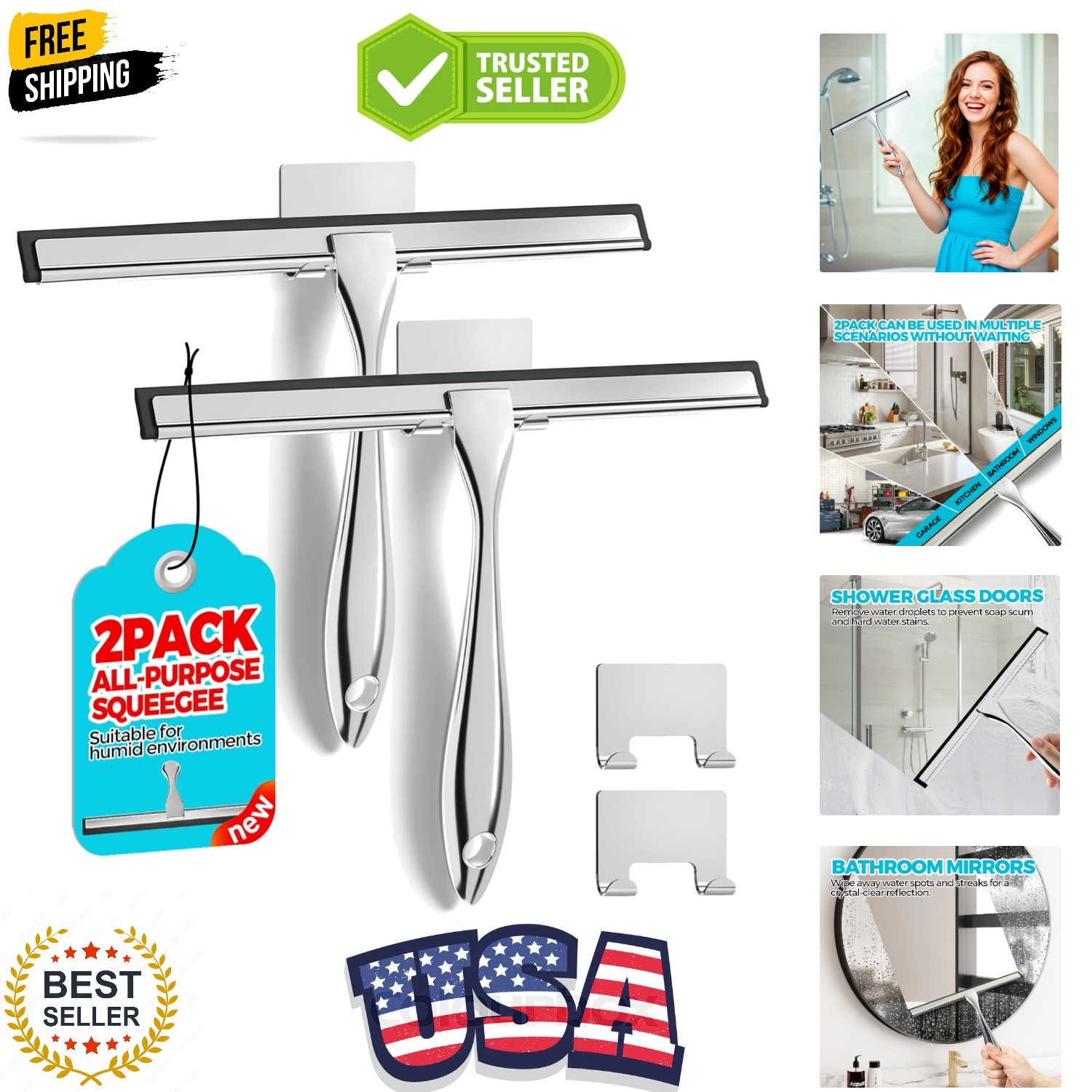 10-Inch All-Purpose Shower and Window Squeegee Set – Soft Blade, Silver Finish