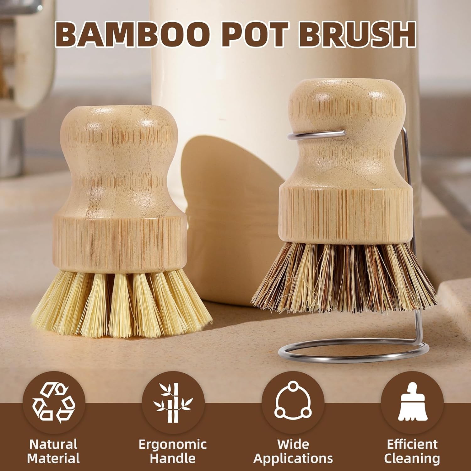 6-Piece Bamboo Dish Brush Set with 2X Fast-Dry Stainless Steel Holder,3xNatural