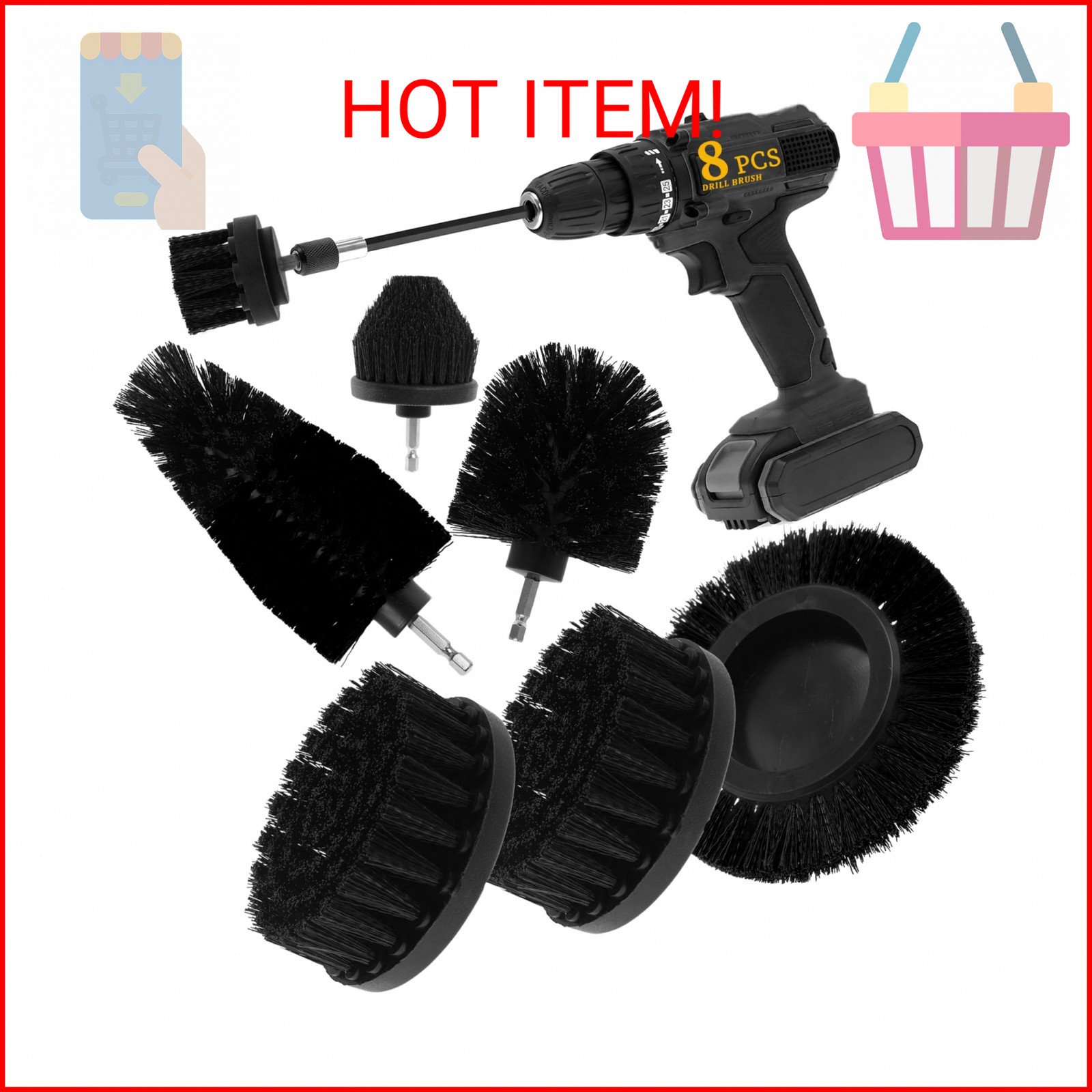 ETOUPA 8 Pcs Drill Brush Attachment Set, Power Cleaning Scrub Brush Kit with Ext