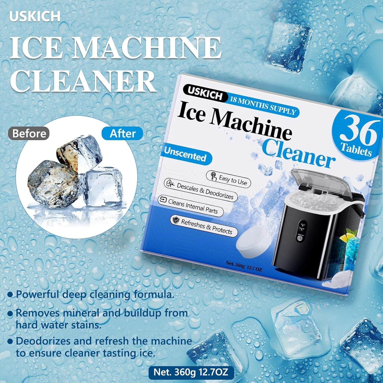 36 Tablets Ice Machine Cleaner Descales & Deodorized Unscented