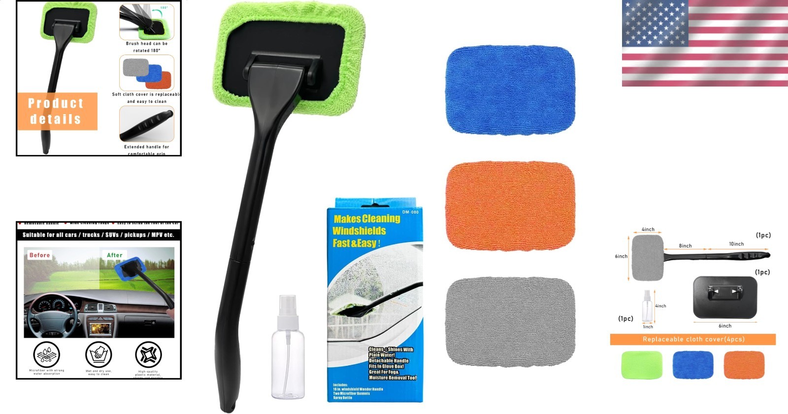 Microfiber Window Cleaner Kit, Auto Glass Wiper, Long Handle, Spray Bottle, 4…