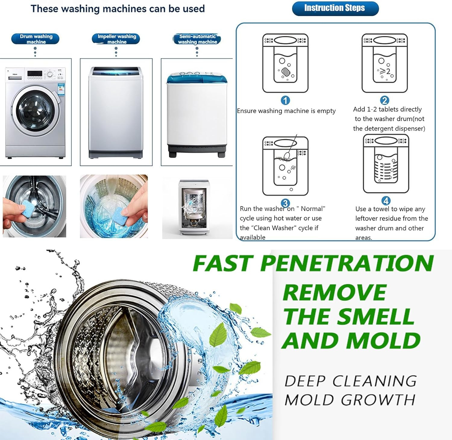 Bundle – Washing Machine Cleaner Tablets (20 Pack) & 7 Oz Mold Remover Gel | Dee