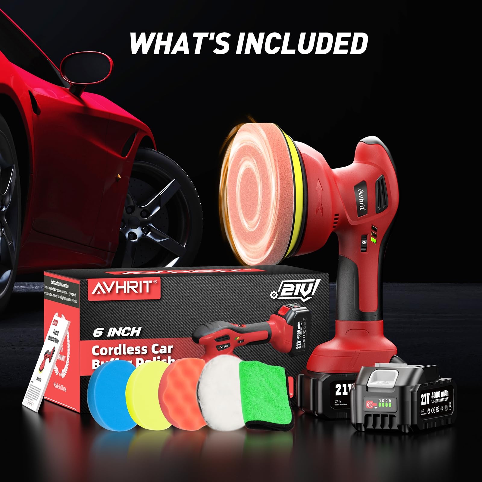 Avhrit 6 Inch Cordless Car Buffer Polisher: 2x4000mAh Batteries Car Buffer, C…