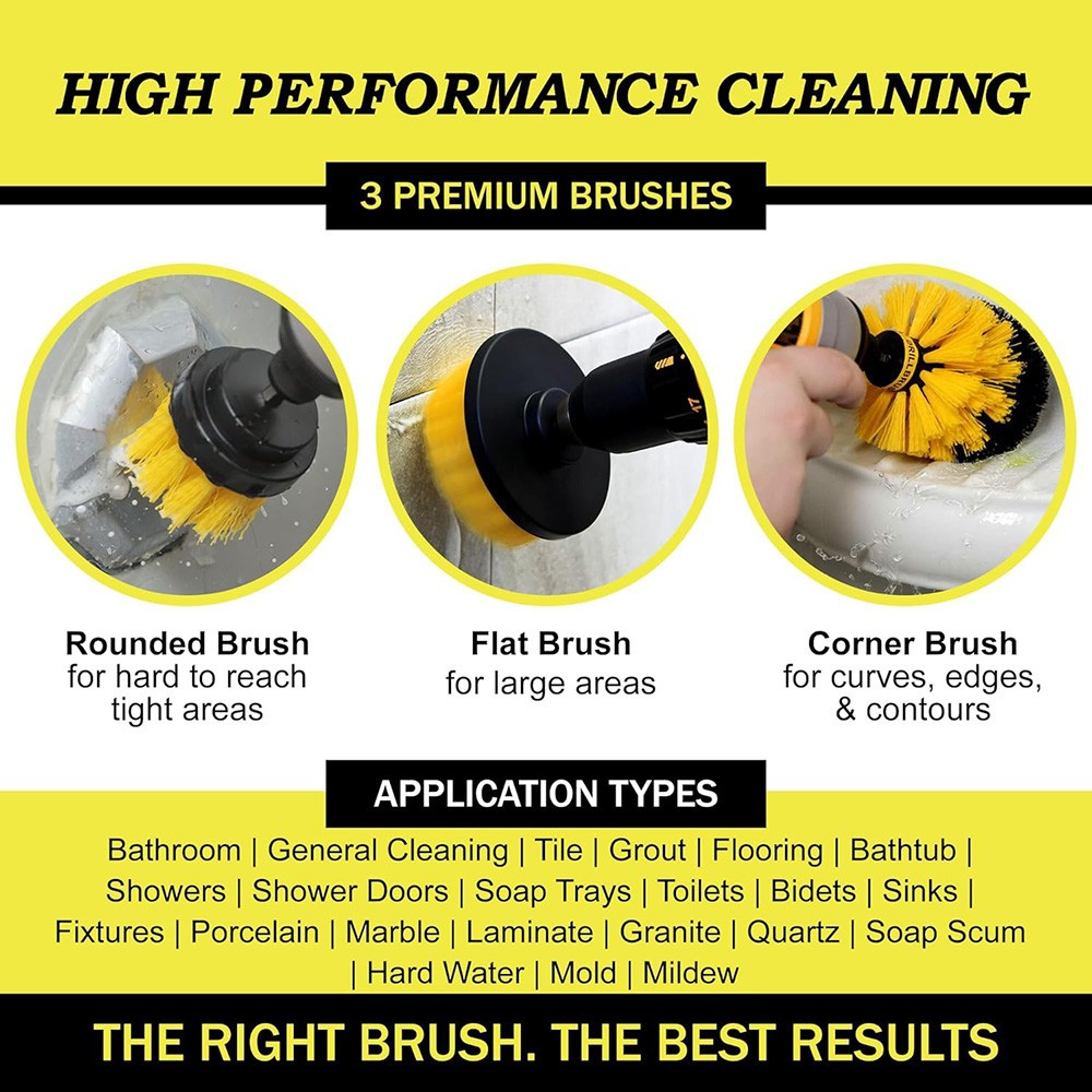 3 Piece Power Scrubber Drill Brush Kit Car Detailing Set Wheels Tires Carpet Mat
