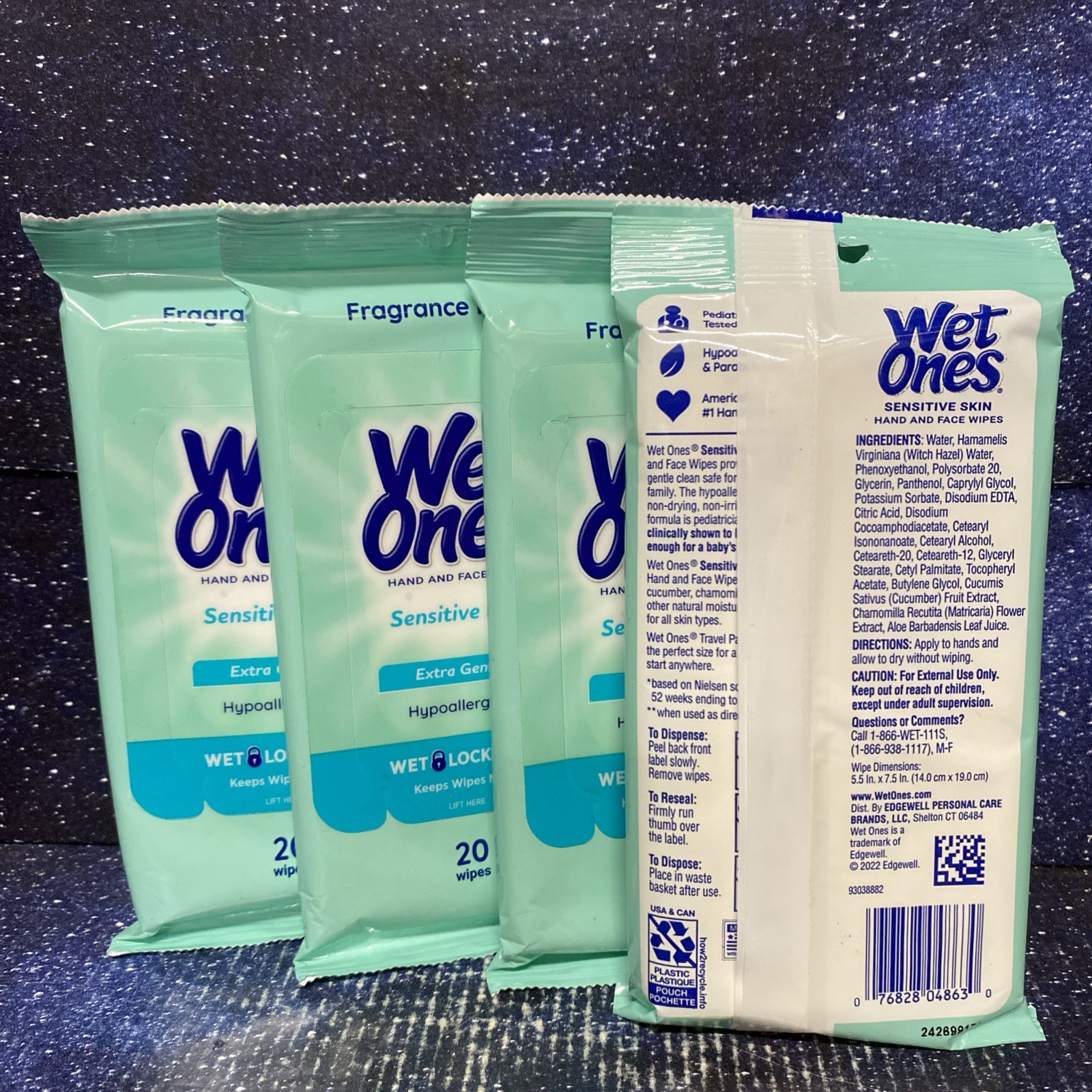 4 Pack Wet Ones Sensitive Skin Extra Gentle Wipes, Hypoallergenic, 20 Ct each