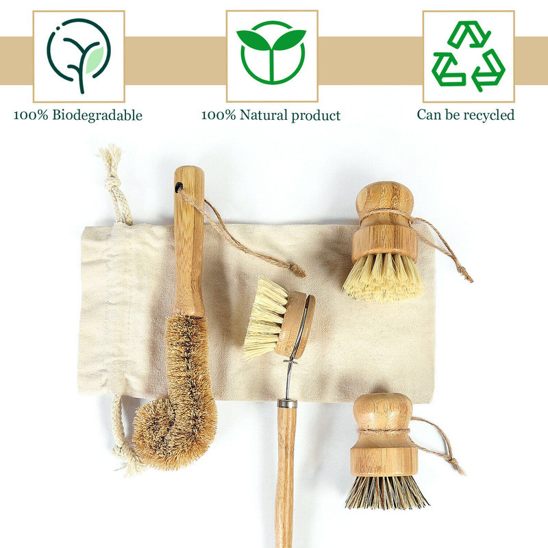 Kitchen Dish Scrub Eco-friendly Cleaning Bamboo Dish Handle Brush Set of 4