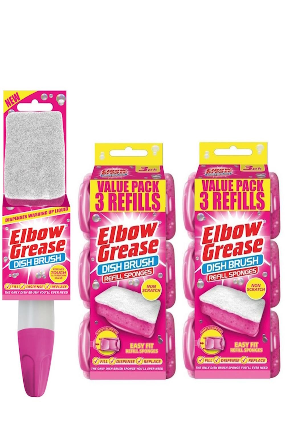 Elbow Grease Non Scratch Soap Dispenser Dish Brush and 2 Dish Brush Refill Packs