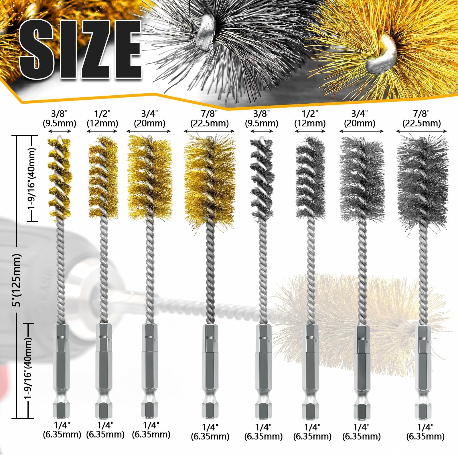 8 Pc Bore Brush Set Stainless Steel Brass 1/4 Hex Shank Drill Cleaning