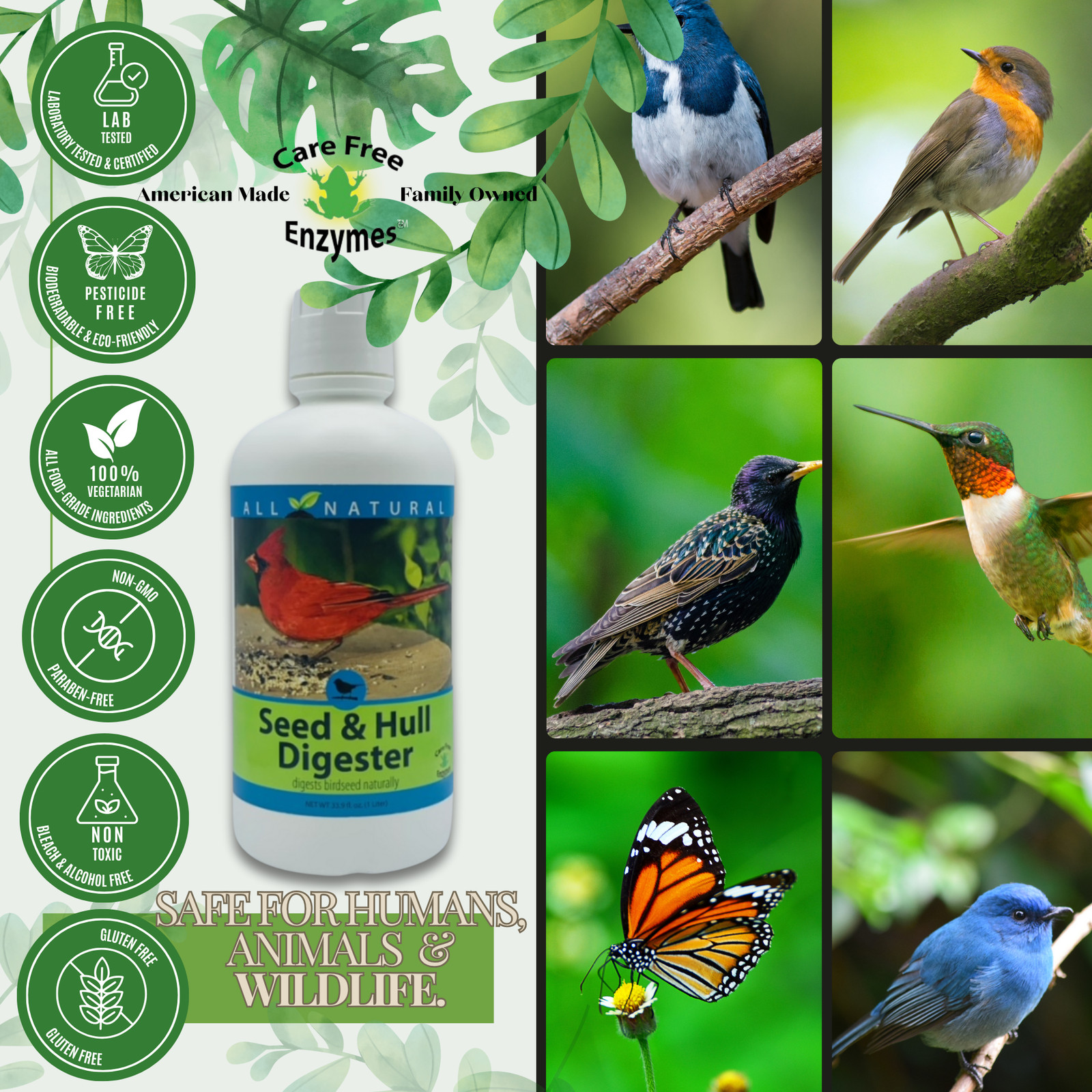 Bird Seed Hull & Waste Digester | Natural Cleaner for Under Feeders | 32 oz & 33