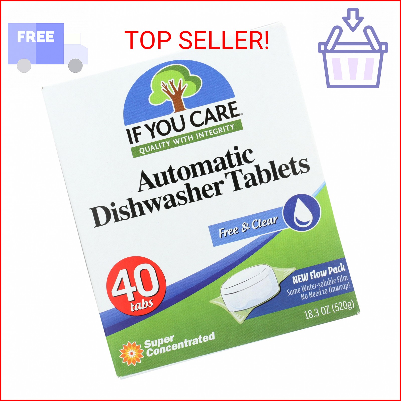 If You Care Dishwasher Tablets 40 Count – Powerful, Plant Based, Concentrated, B