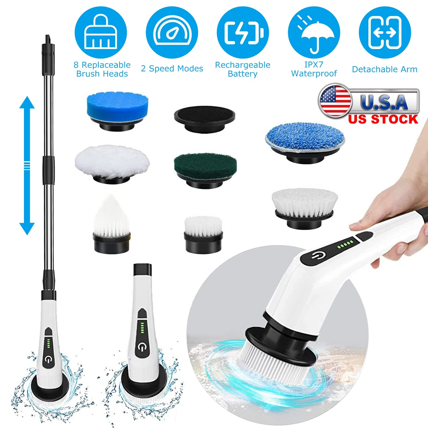 iMountek Cordless Spin Scrubber: Telescopic, 8 Heads, 2 Speeds, Waterproof