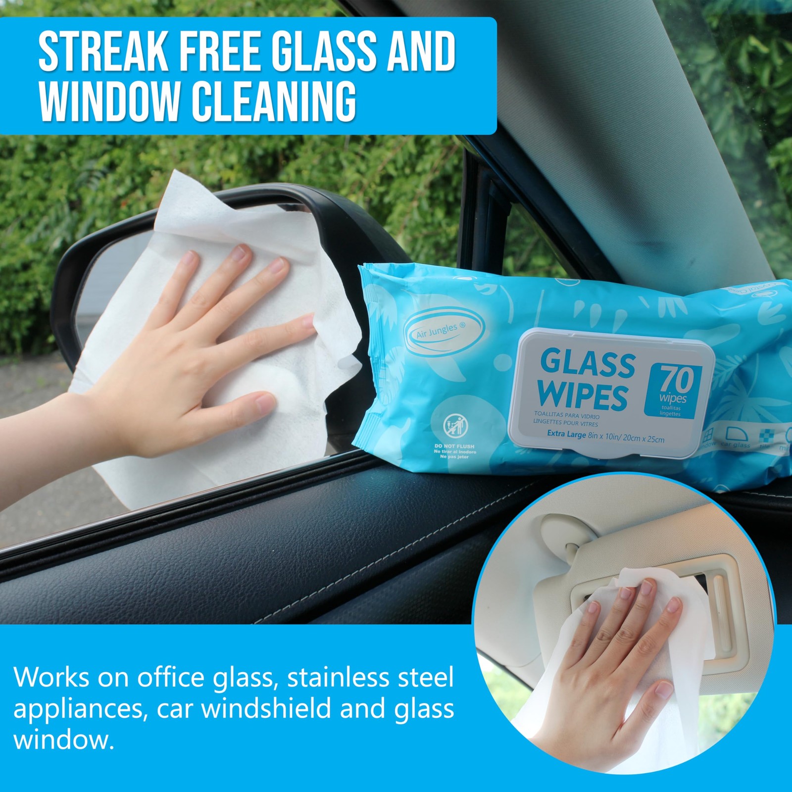 Glass Cleaner Wipes for Auto Window Mirror 70 Count, Ammonia-free, Streak-fre…