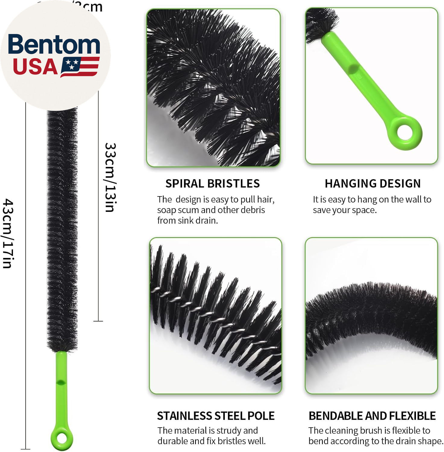 2 Pcs 17” Flexible Sink Drain Cleaner Brush Long Pipe Cleaner Brush for Cleaning