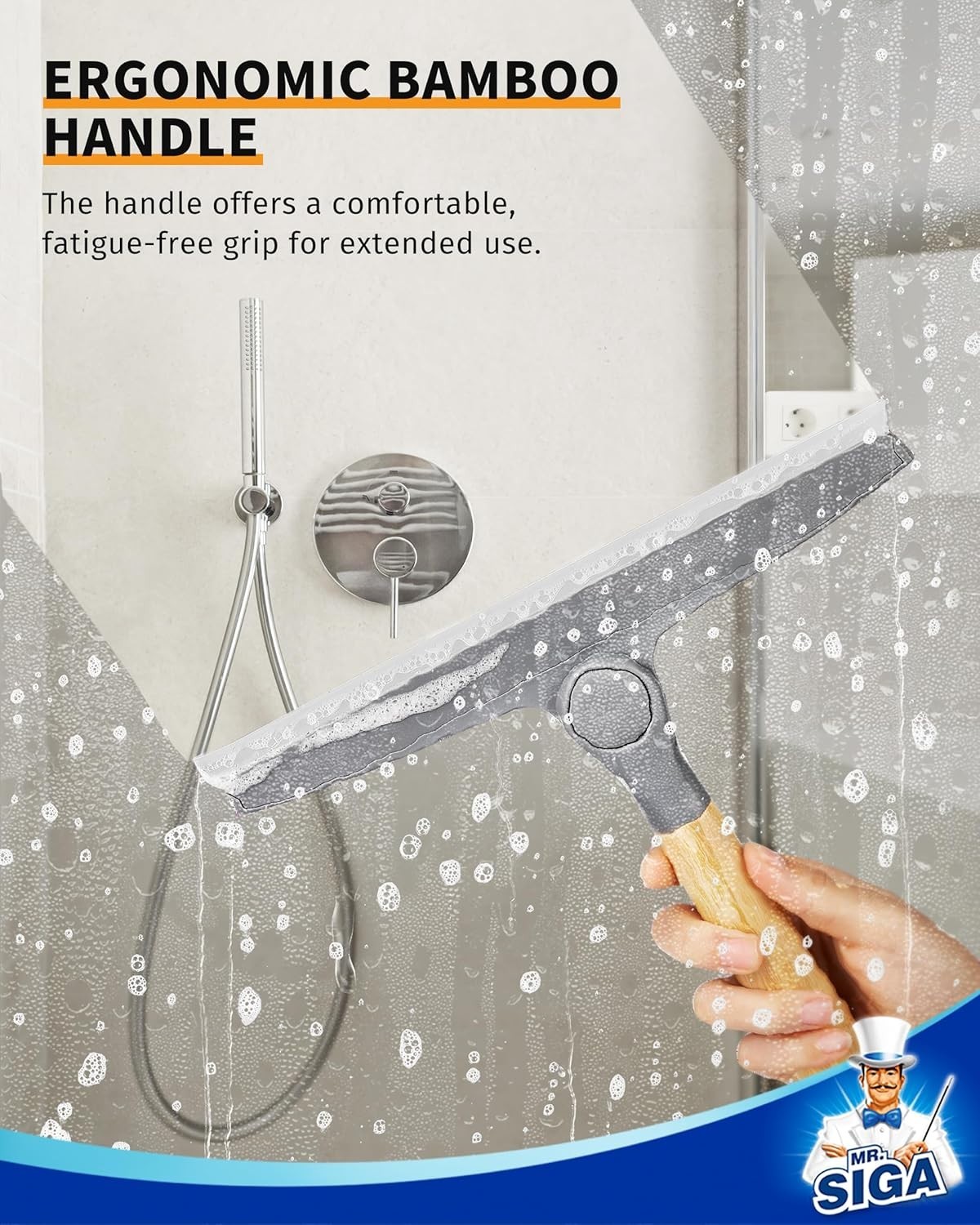 Modern Shower Squeegee with Bamboo Handle – Streak-Free, Suction Hook Included
