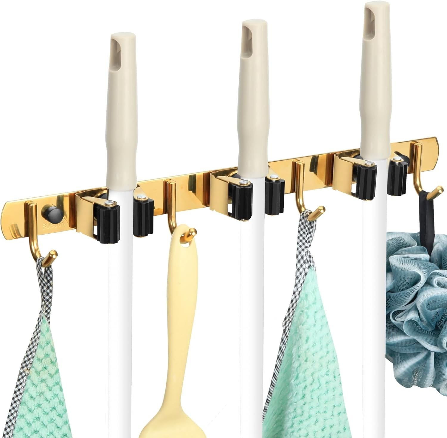 Wall Mount Mop Broom Holder 3 Racks 4 Hooks Heavy Duty Kitchen Garage Organizer