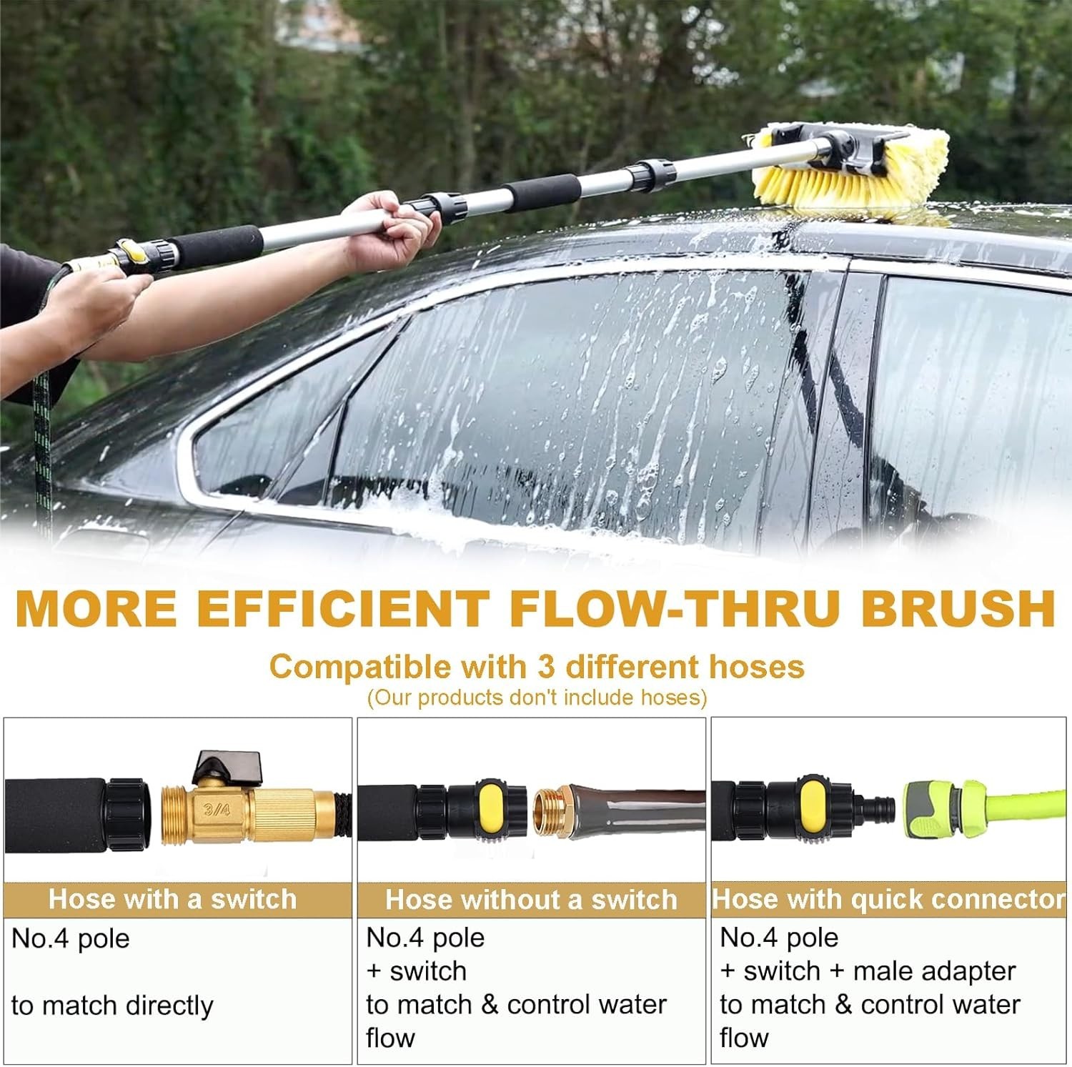 70″ RV Wash Brush with Long Handle and 12″ Soft Bristle Brush Head, Water Flo…