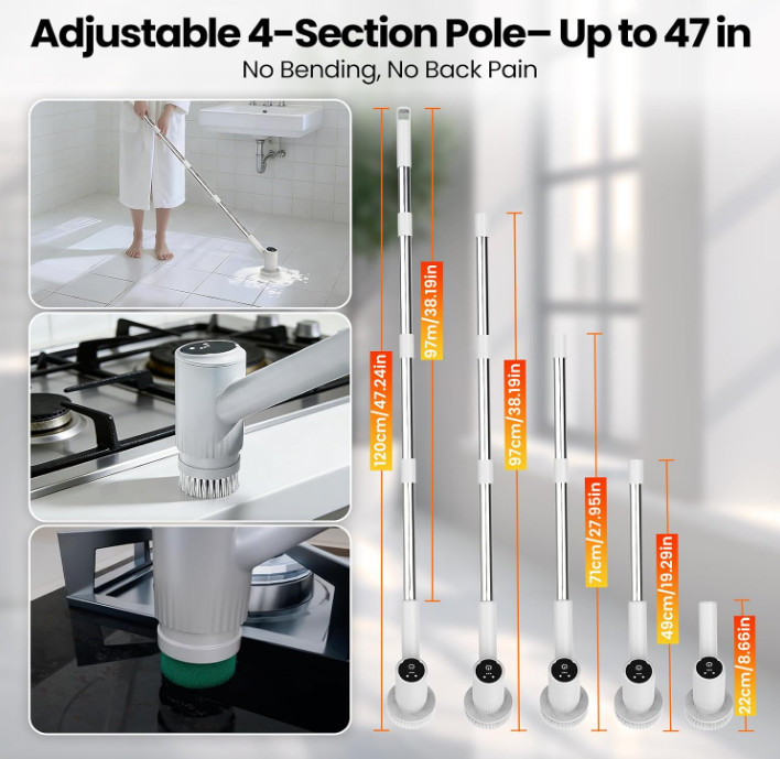 Cepillo Eléctrico Giratorio Inalámbrico con 6 Cabezales y Mango Extensible 47″