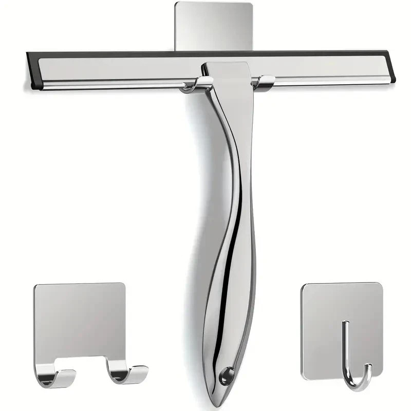 Stainless Steel Shower Squeegee for Glass Doors & Mirrors with 2 Adhesive Hooks