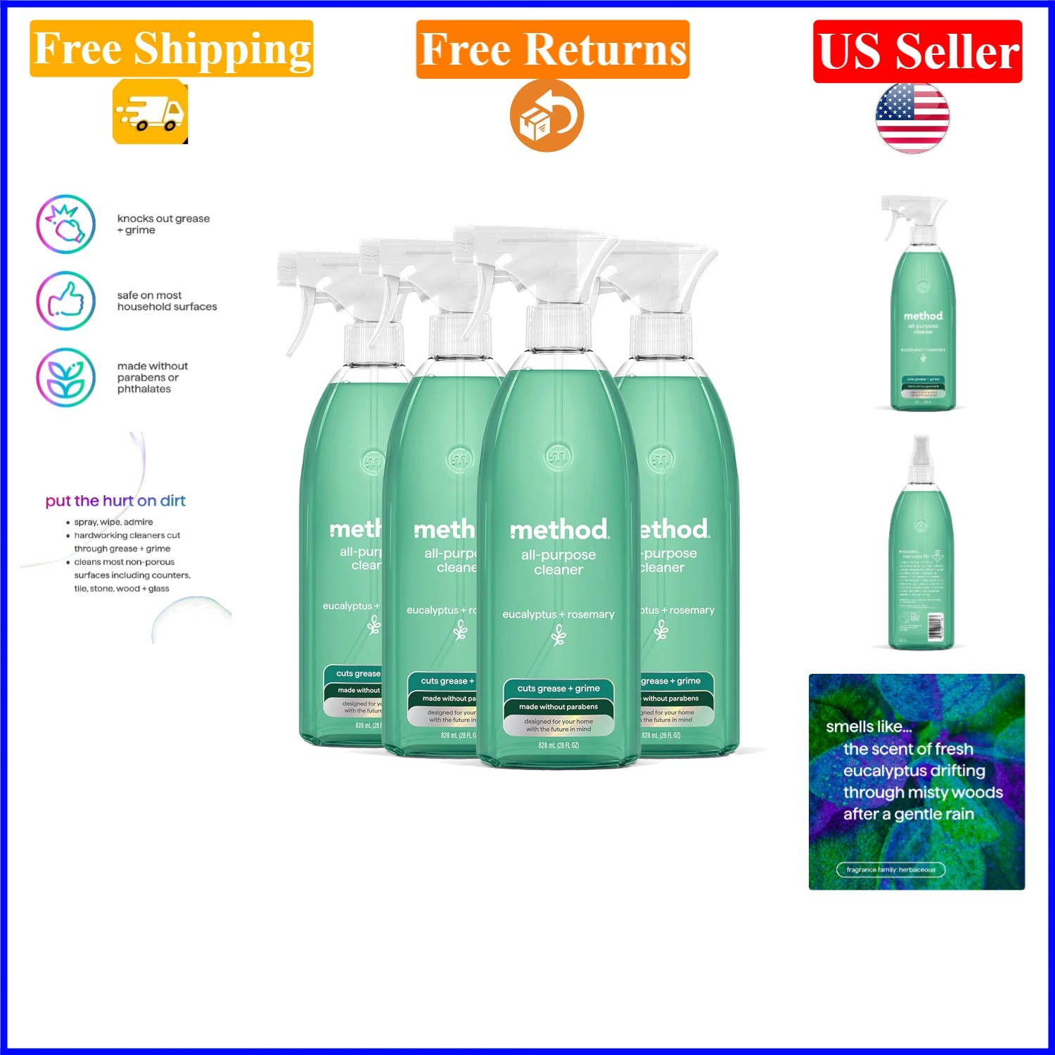 All-Purpose Cleaner, Eucalyptus + Rosemary, 28 fl oz, 4-pack