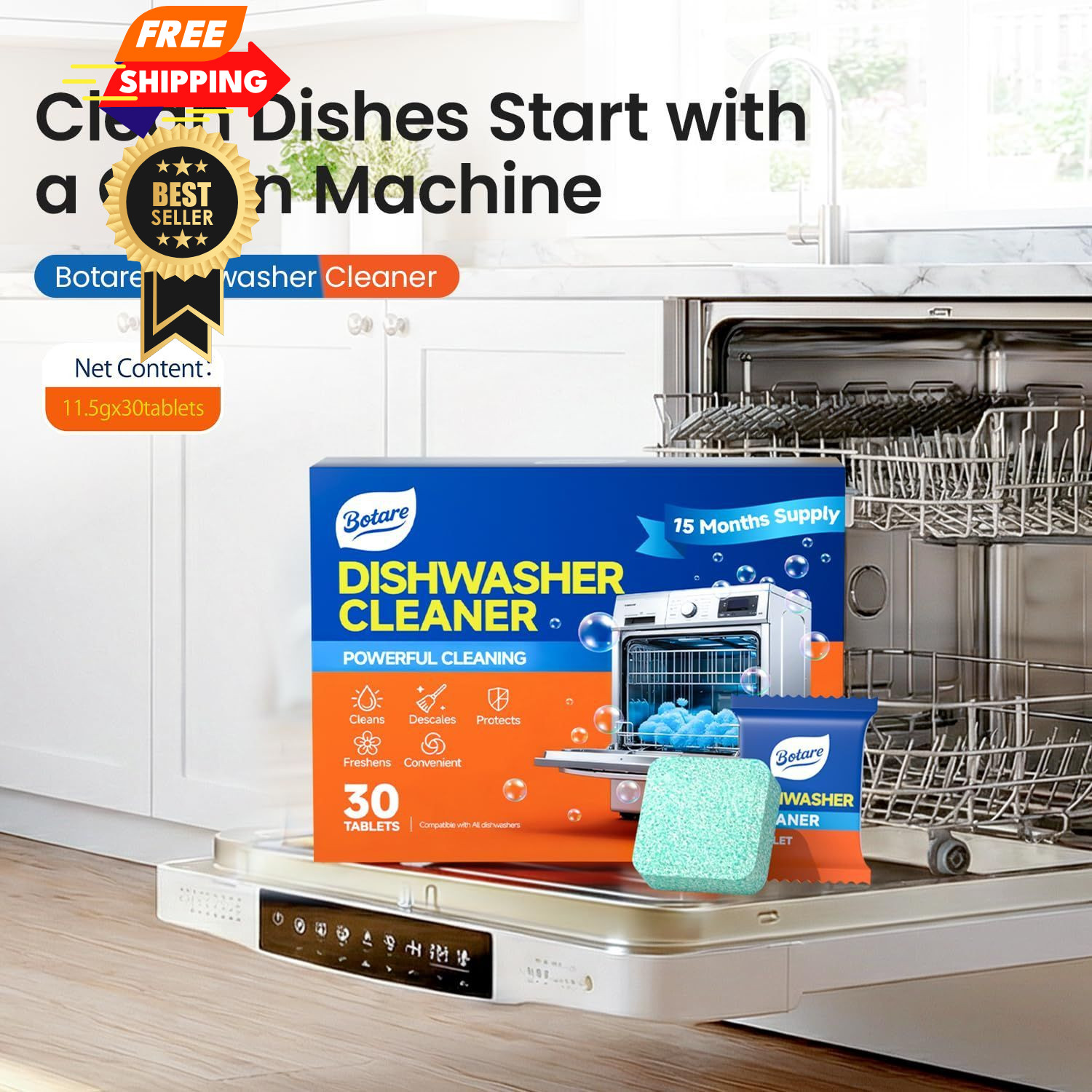 Botare Dishwasher Cleaning Tablets -30 Pack 30 Count (Pack of 1), green