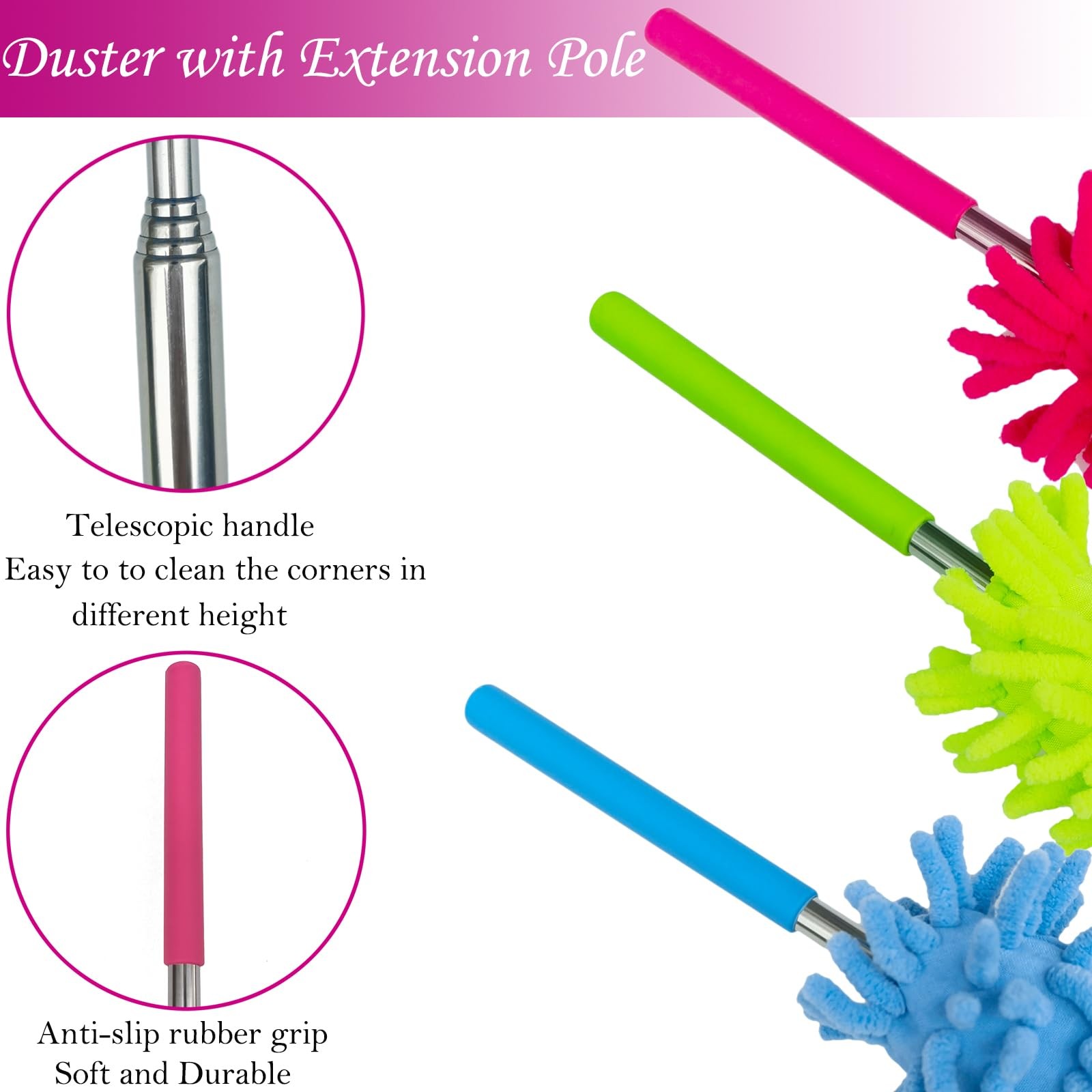 3 Pack Retractable Long-Reach Washable Duster for Cleaning, Microfiber Hand D…