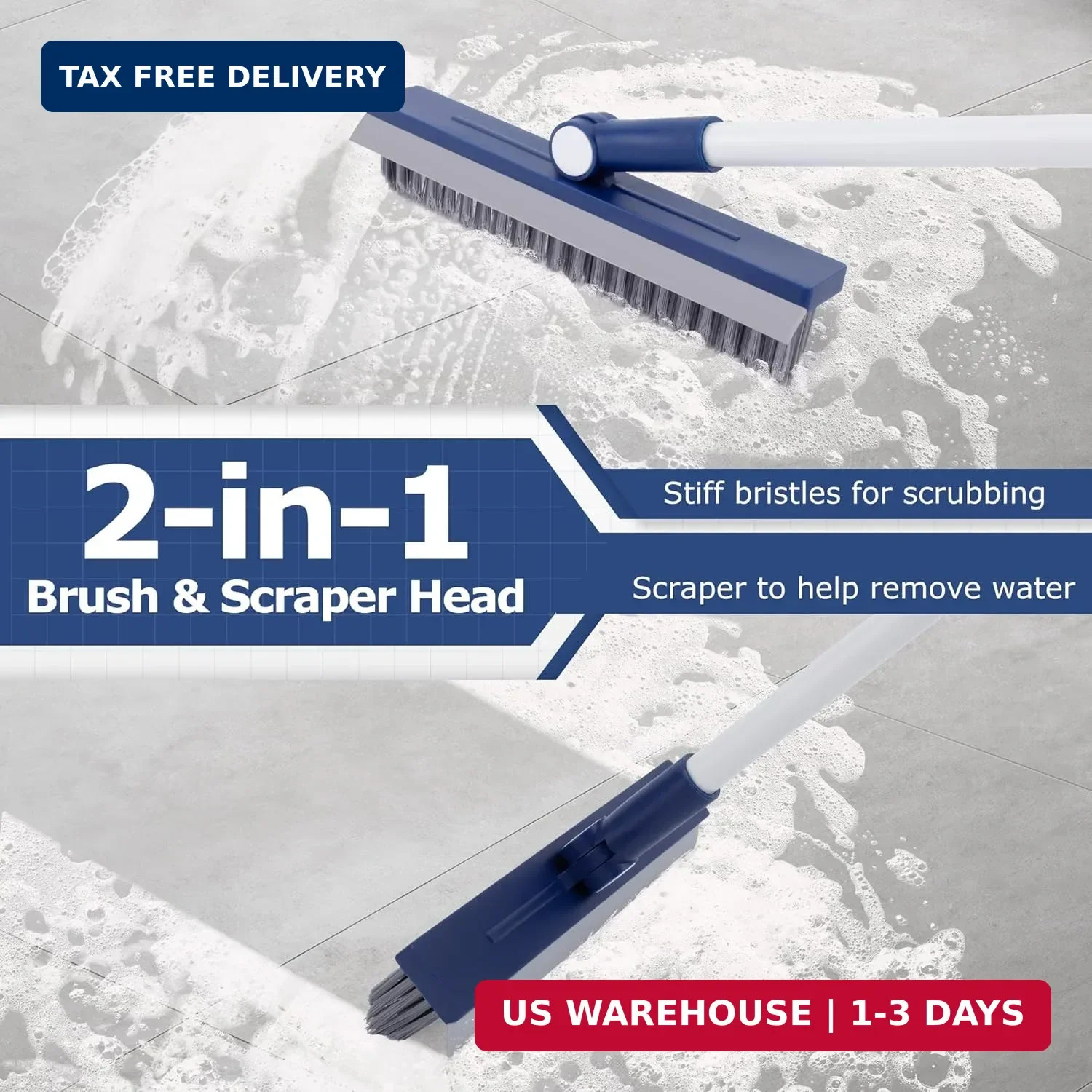 Long Handle Floor Cleaning Brush, 2-in-1 Hard Bristle Grout Scrubber
