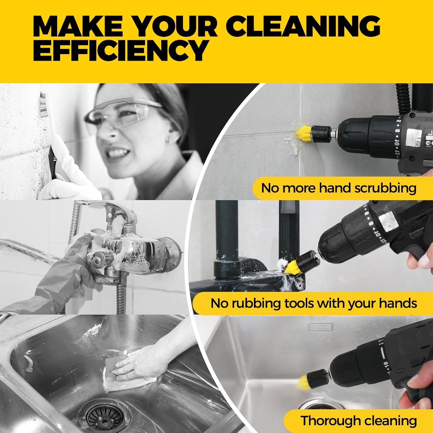 6 Piece Drill Brush with Multi-Purpose & Grout Head,Crevice Cleaning Brush，3/4”W