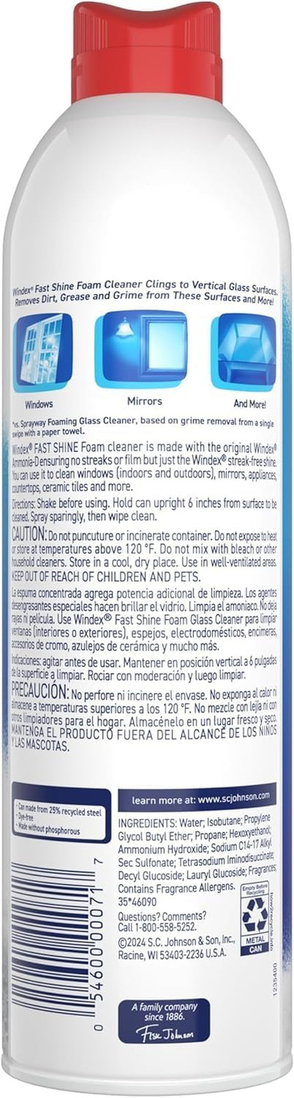 Fast Shine Foam Glass Cleaner, No-Drip Aerosol Cleaning Spray, 19 Oz.