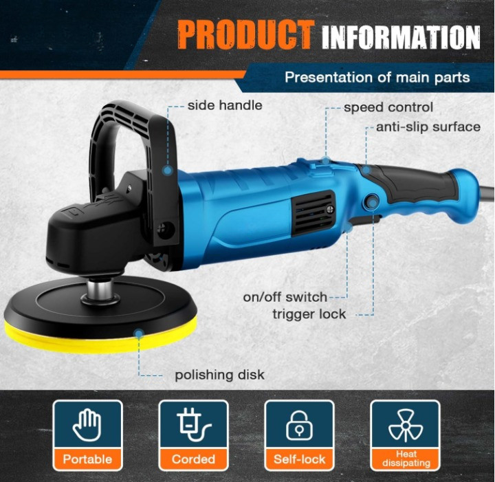 Pulidora Rotativa 1800W 6″/7″ 6 Velocidades 750-3100RPM Auto Barco Piso, Nuevo