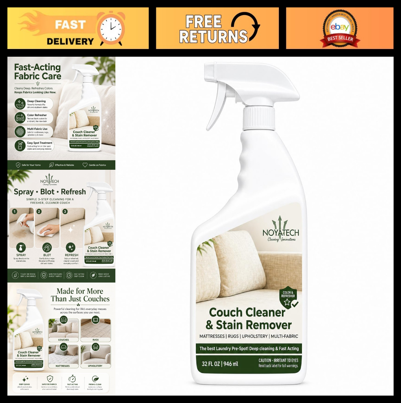 Professional Strength Couch Cleaner & Stain Remover Spray – Non-Toxic Multi-Surf
