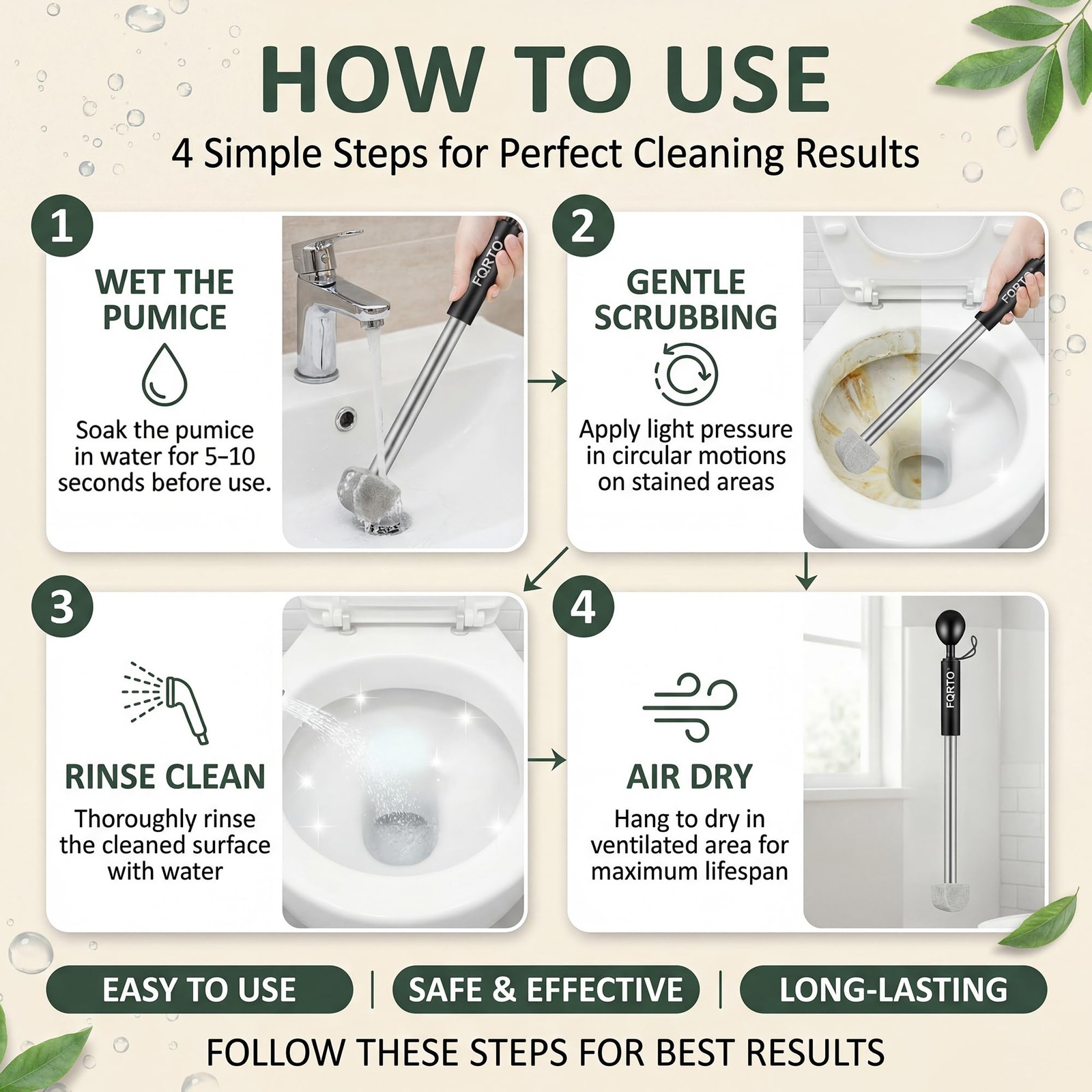 FQRTO 8-Pack Pumice Stone Toilet Cleaner with Long Handle – Hard 16, Black