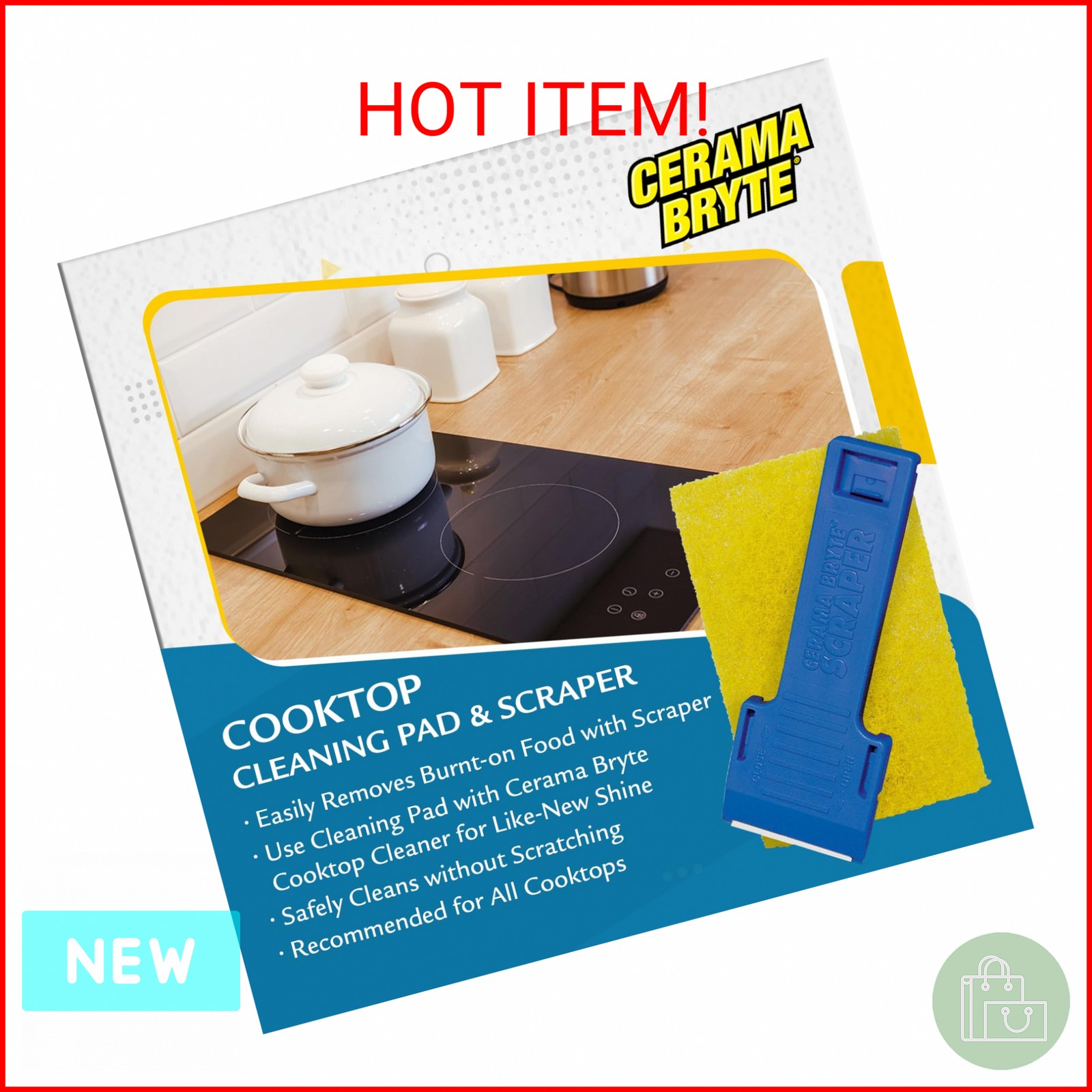 Cerama Bryte 1 x Scraper & 1 x Pad Kit Cooktop and Stove Top Cleaner for Glass –