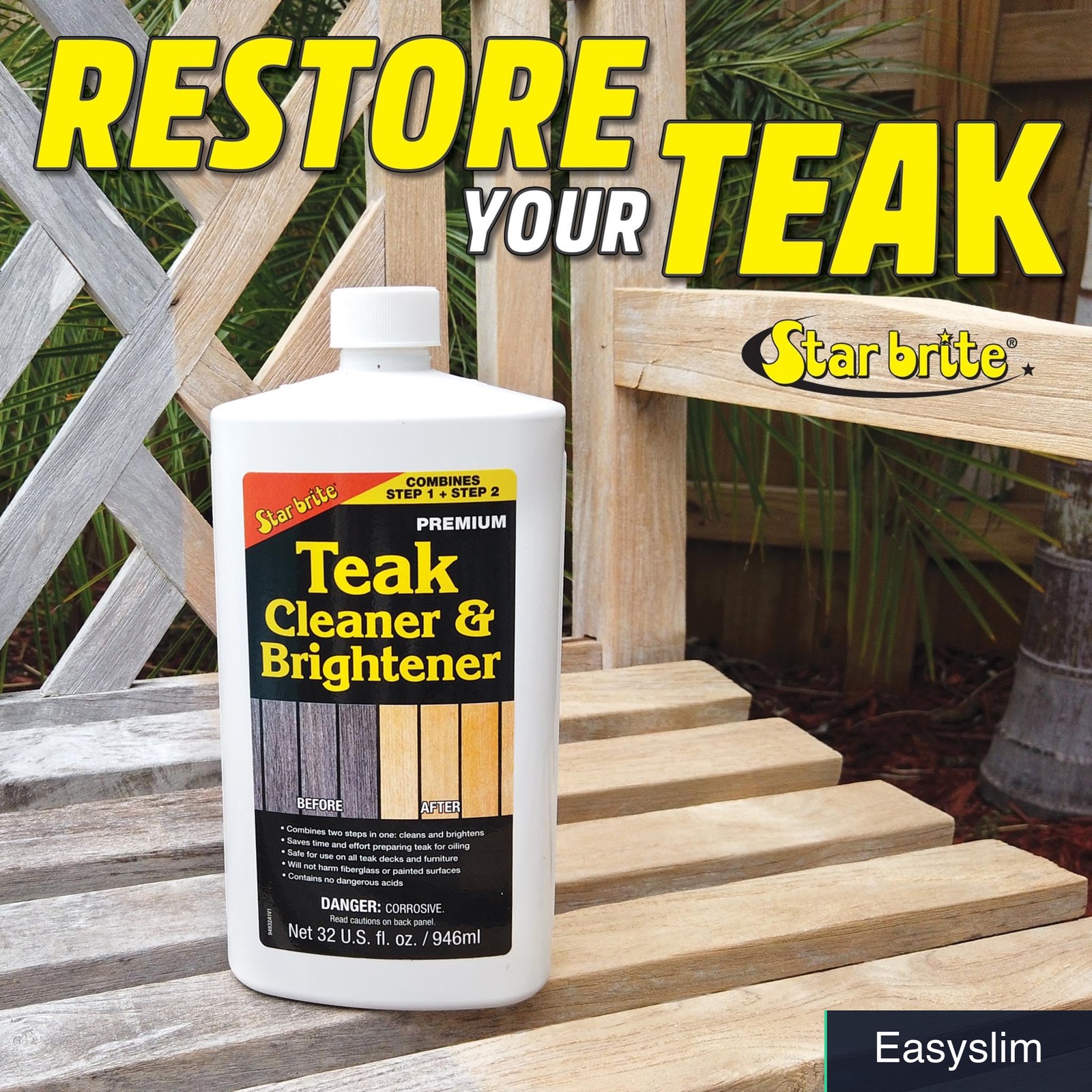 Teak Cleaner & Brightener 32 oz Removes Stains Restores Weathered Wood