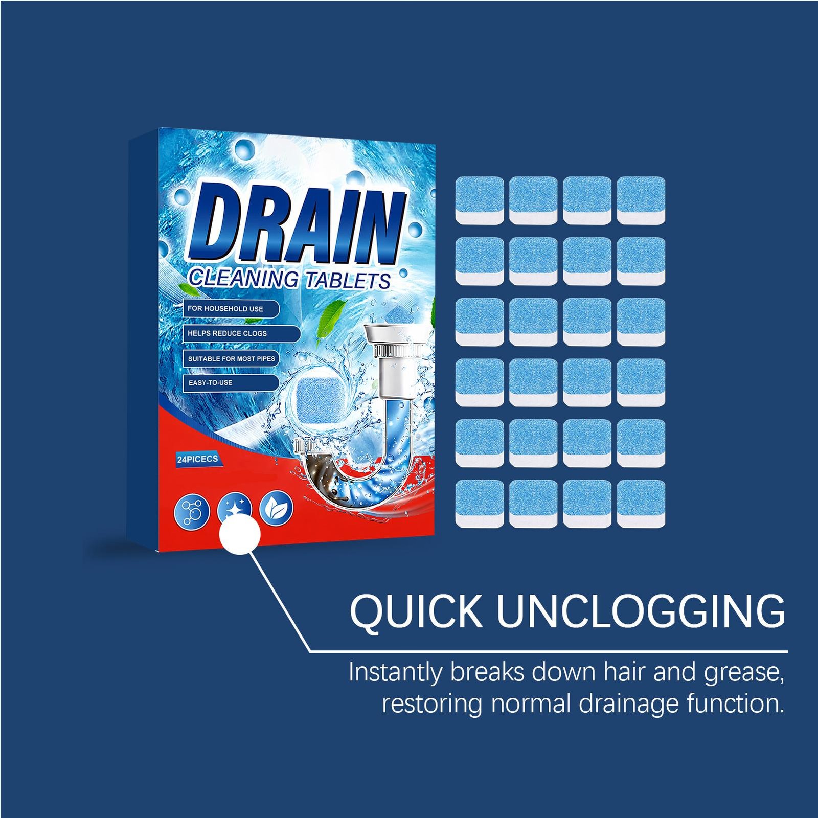 Drain Cleaner Tablets 24 Pieces Powerful Safe Prevents Clogs Household Sinks