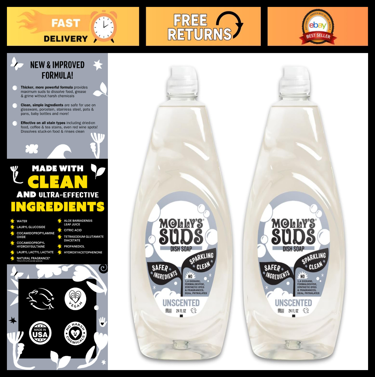 Liquid Dish Soap – Unscented, 24 oz – 2 Pack | Eco-Friendly, Extra Scrubbing Pow