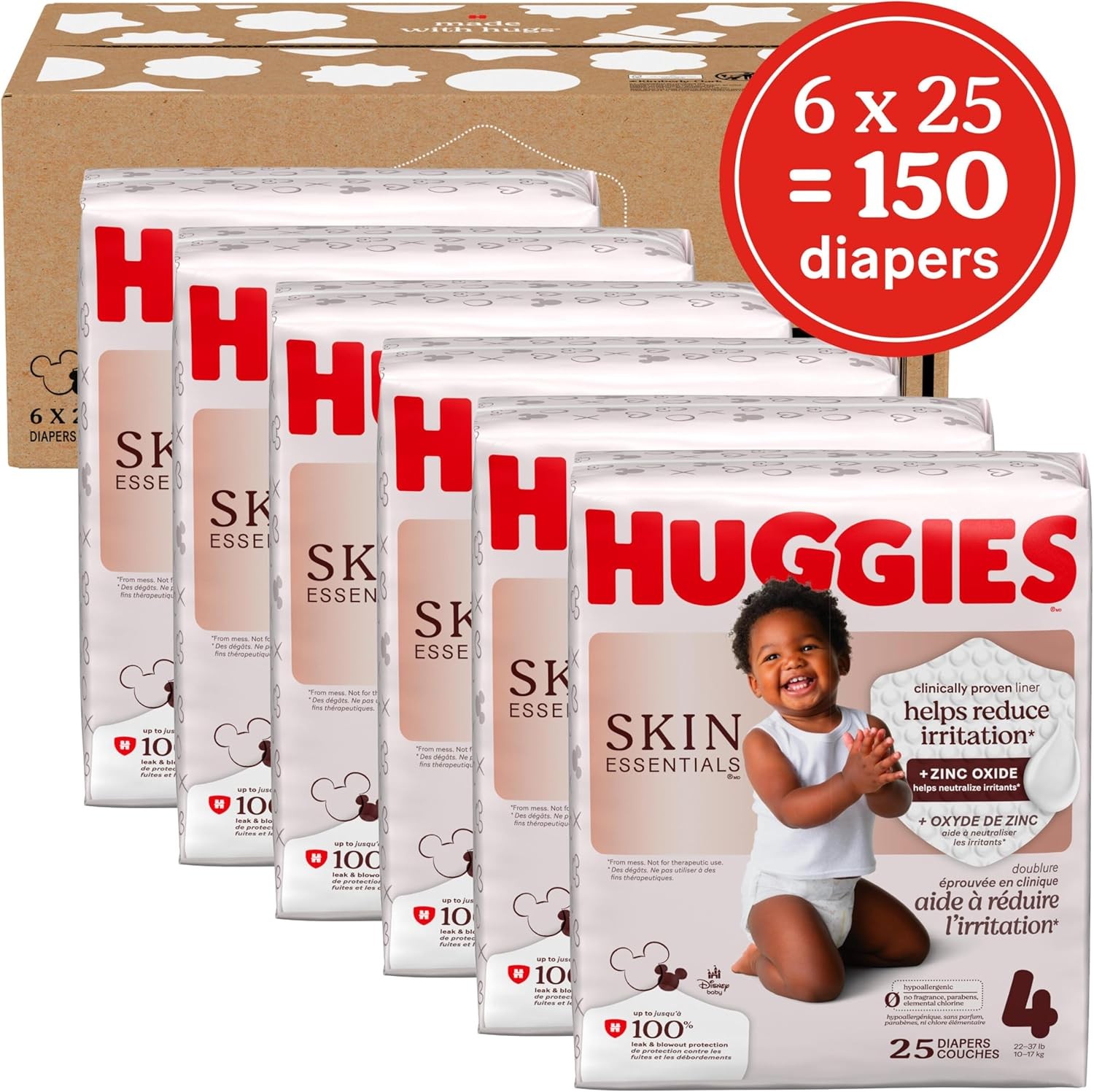 Huggies Size 4 Diapers, Skin Essentials Baby Diapers, Size 4 (22-37 lbs), 150