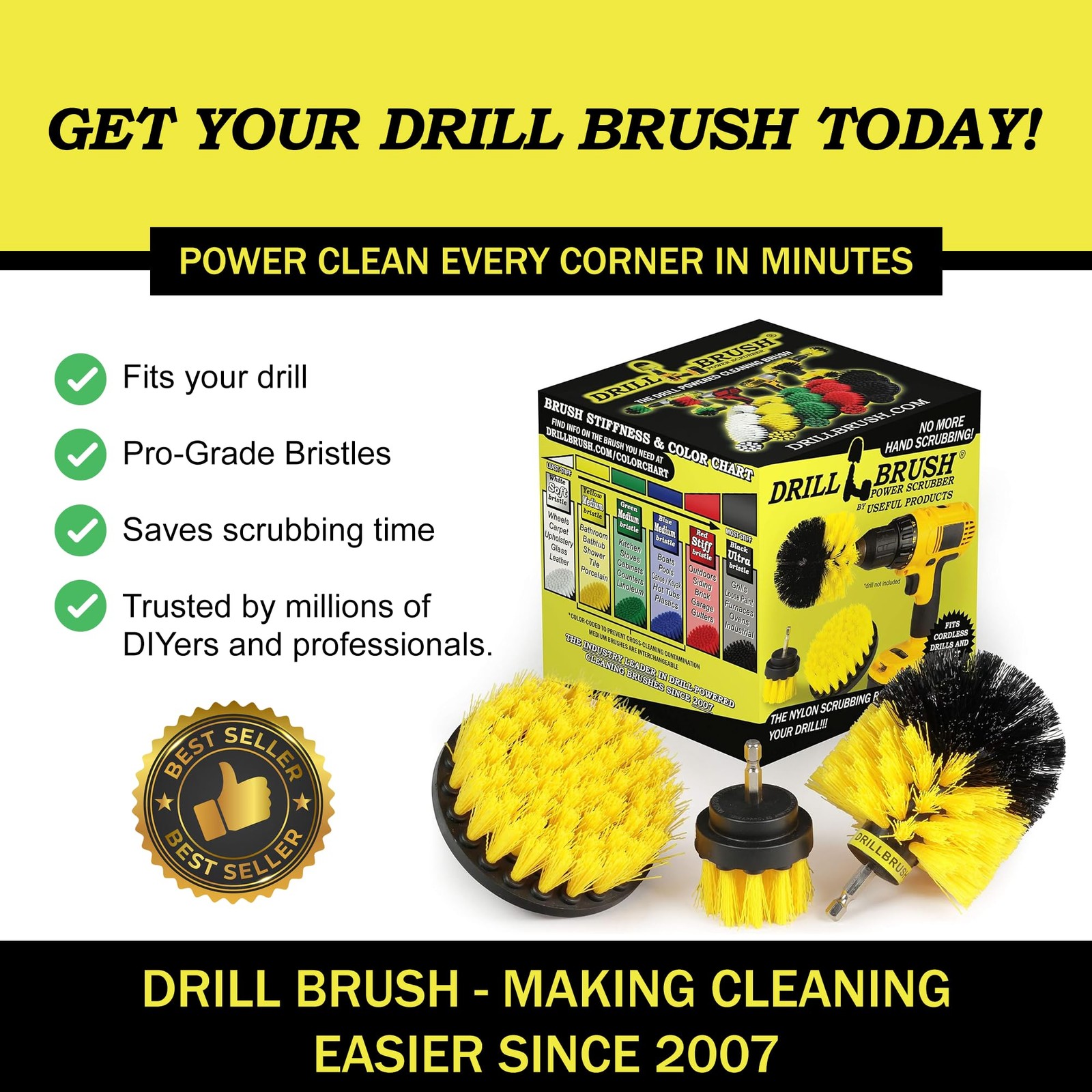 Drillbrush Drill 2in, 4in, 3.5in corner brush, All Purpose Medium Yellow