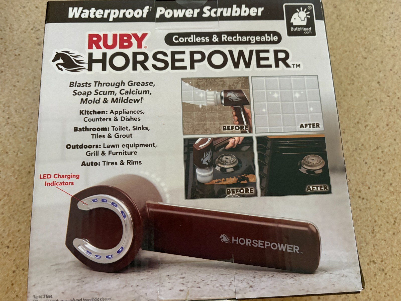 RUBY HORSEPOWER Waterproof Cordless 360° Power Scrubber W/ 5 Heads! – NEW!