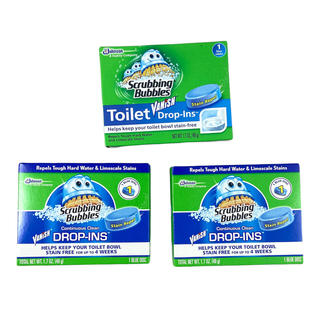 Lot of 3 Scrubbing Bubbles Continuous Clean Drop-In Blue Discs Stain Repel