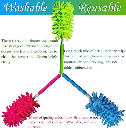 3Pcs Extendable Microfiber Duster Telescoping Car Window Office Cleaning Dusters