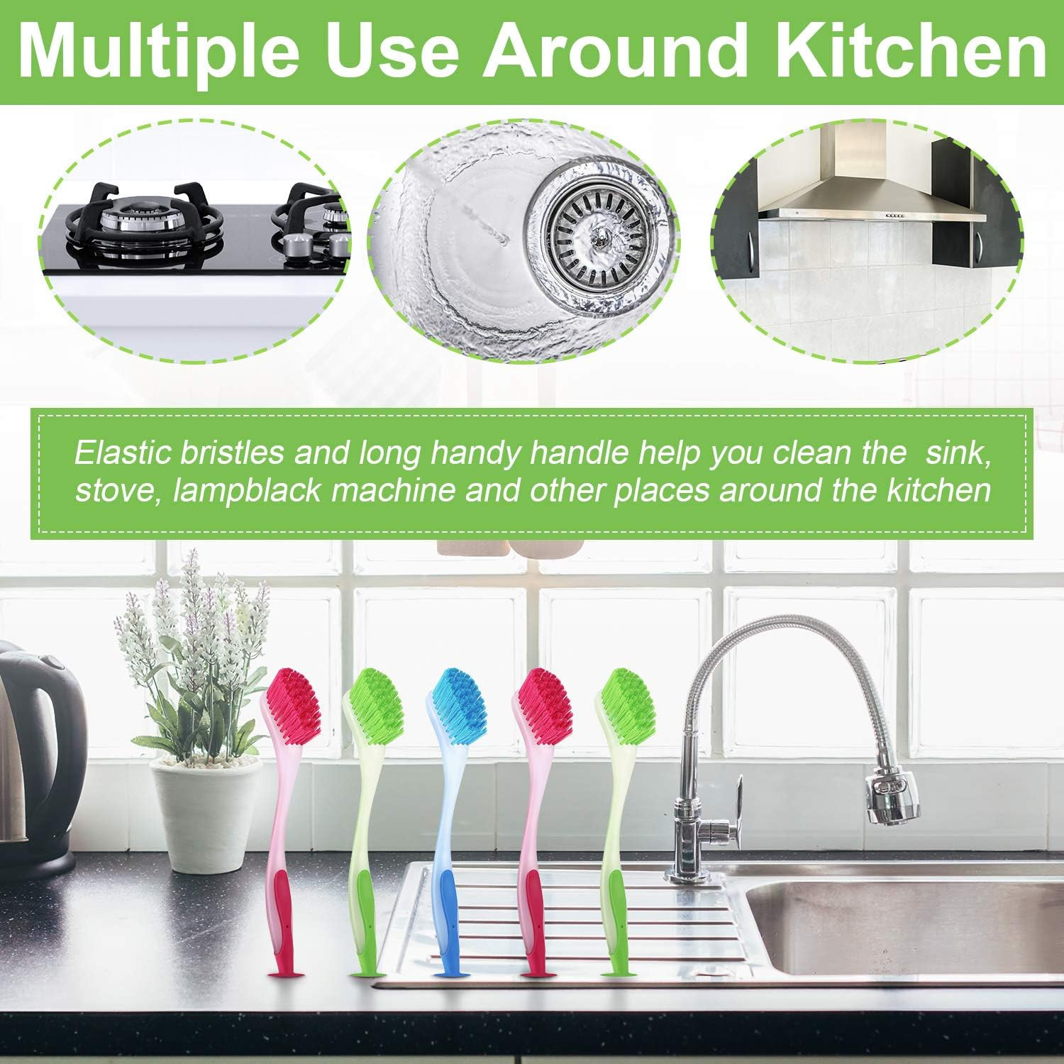 5 Pieces Long Dish Brush with Handle Assorted Color Dishwashing Brush with Sucti