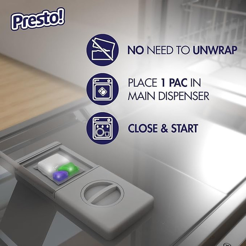 Amazon Brand – Presto! Triple Action Dishwasher Pacs, Fresh Scent, 90 Count