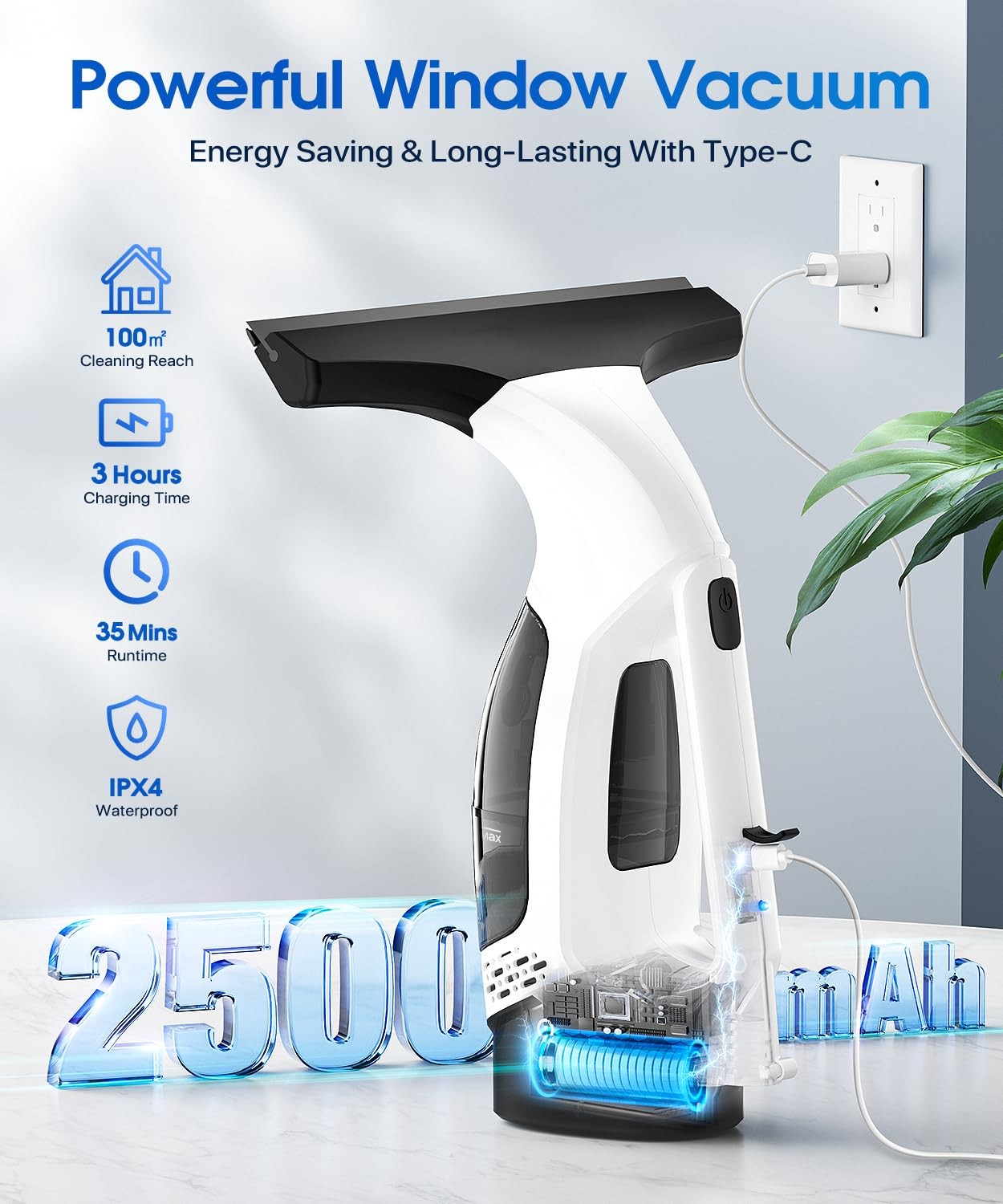 Window Vacuum Squeegee Cordless 3-in-1 Electric Cleaner Tool Spray Microfiber
