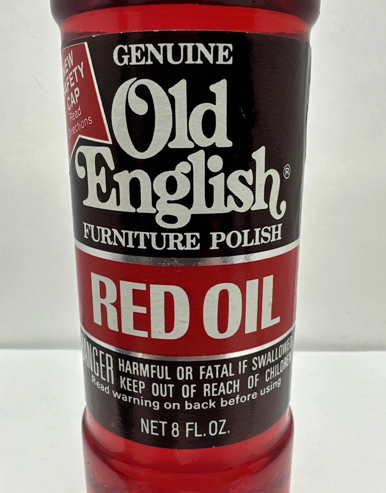 Vintage Old English Furniture Polish Red Oil Glass Bottle Safety Cap Collectable