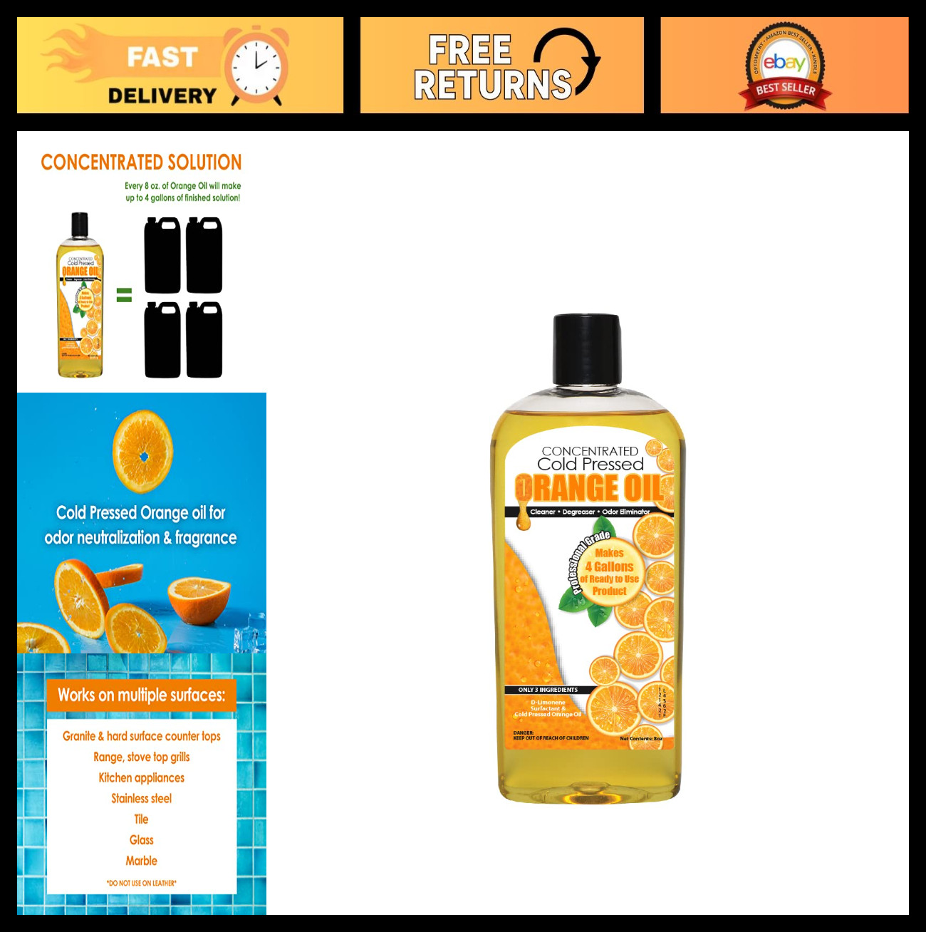 Cold Pressed Orange Oil Concentrate 8oz | All-Purpose Citrus Cleaner & Degreaser