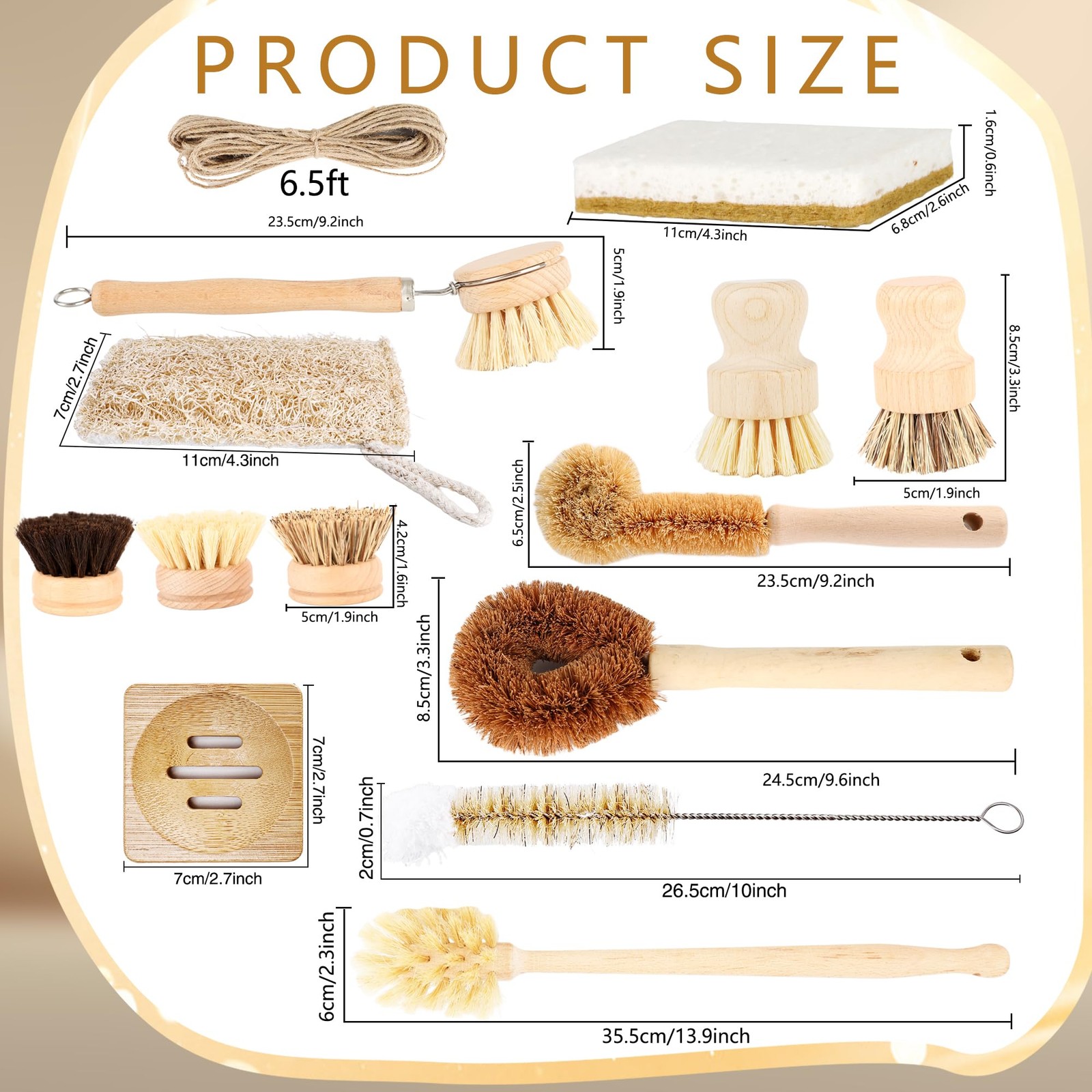 15 Pcs Bamboo Dish Brush Set with 65 Ft Hemp Rope Wooden Palm Pot Brush Sisal…