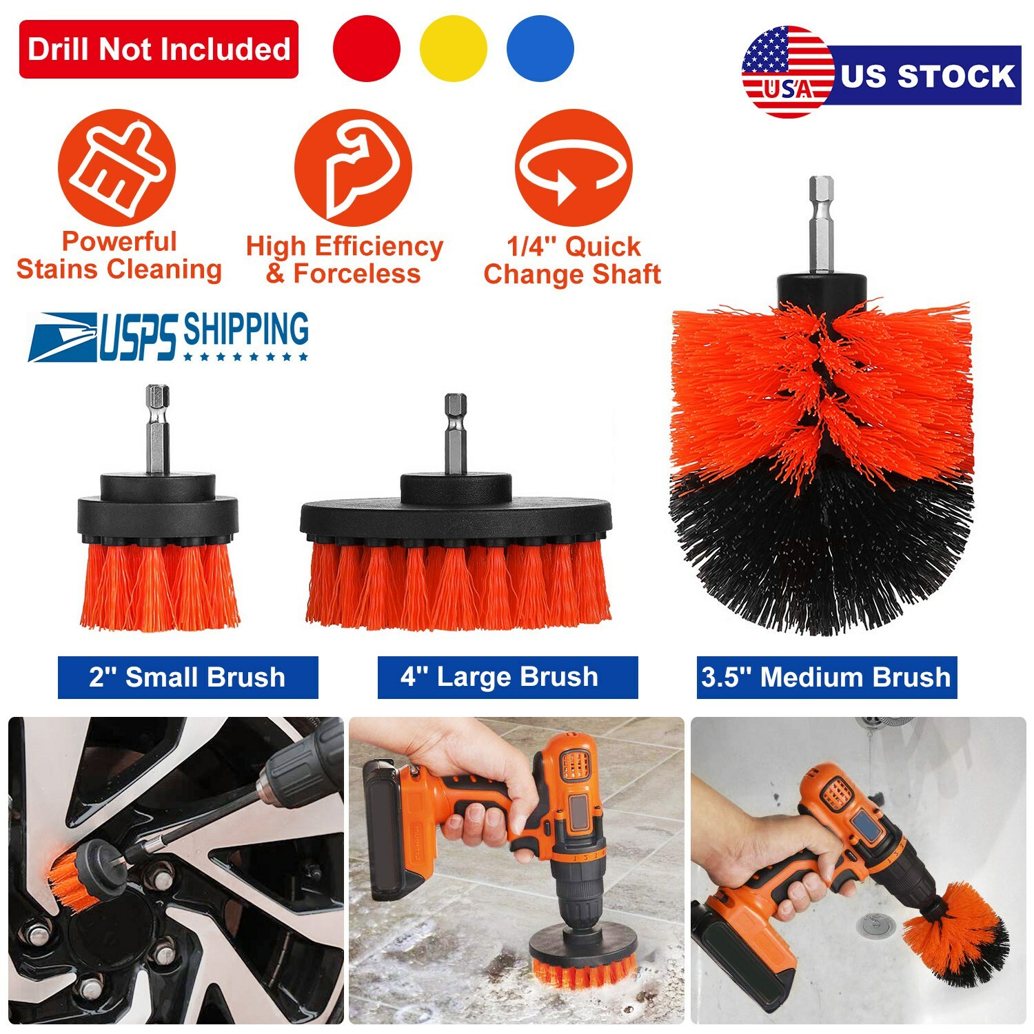 3Pc Tile Grout Drill Brush Power Scrub Cleaning Tub Cleaner Attachment Kit 3Size