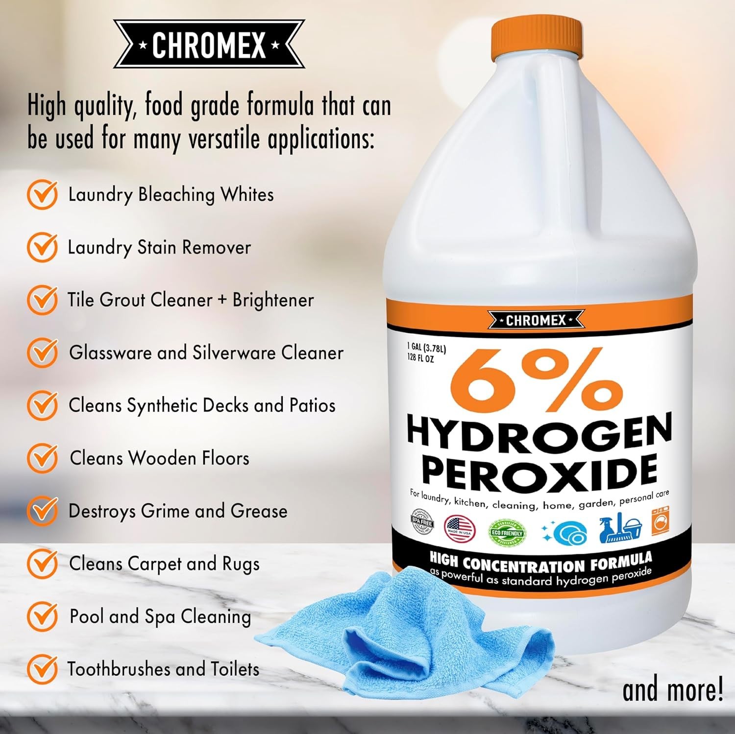 Chromex 6% Hydrogen Peroxide, Food Grade, Home, Kitchen, Bath Cleaner – 1 Gallon