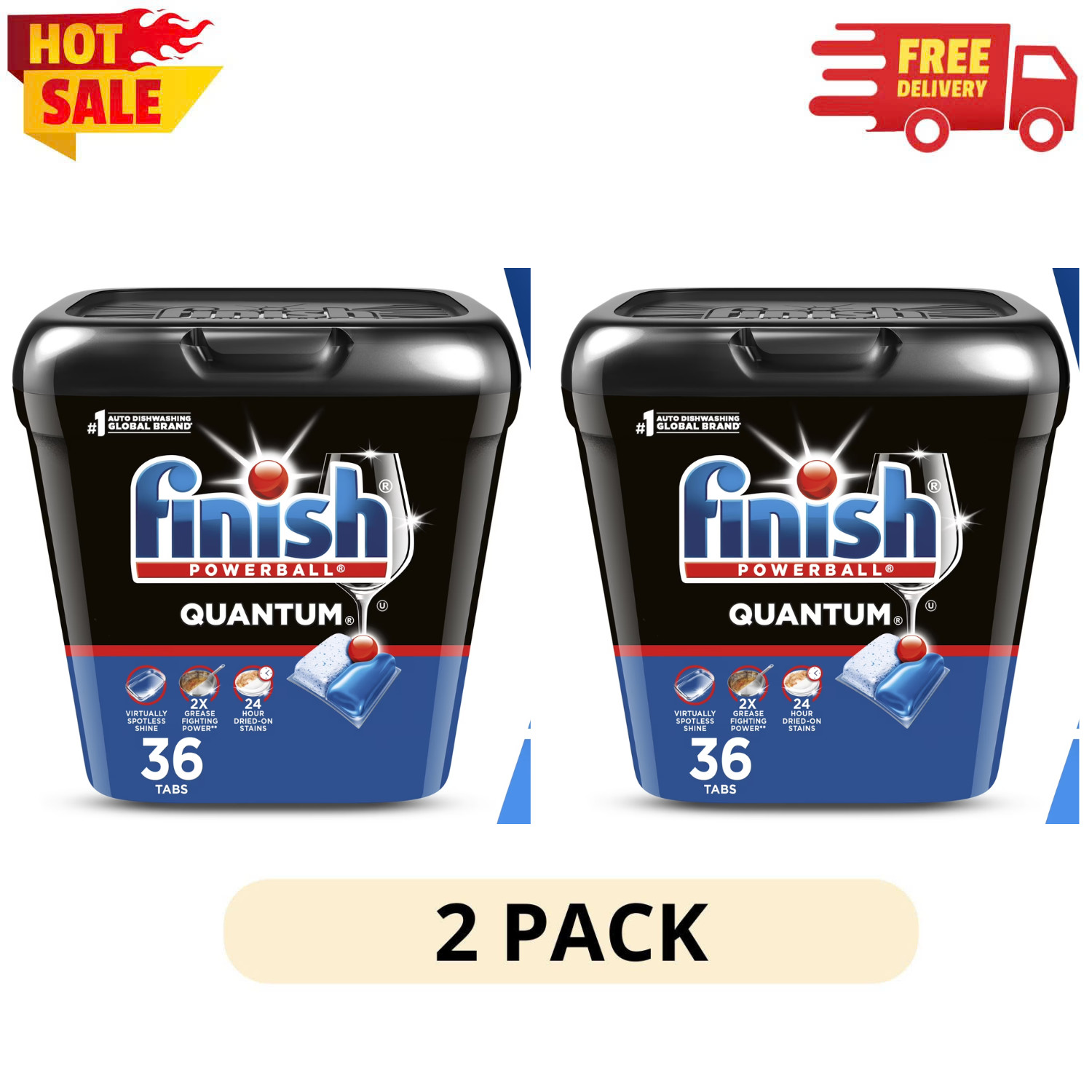 (2 Pack) Finish Quantum Dishwasher Pods Advanced Clean, No Pre-Rinse, 36 Count